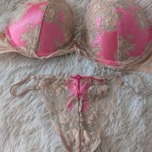Victoria's Secret Pink and Tan Lace Bra Set